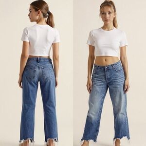 We The Free Maggie Mid Rise Distressed Raw Hem Straight Leg Blue Jeans Size 25